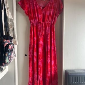 Women’s Pink Red Floral Midi Dress - Casual V-Neck